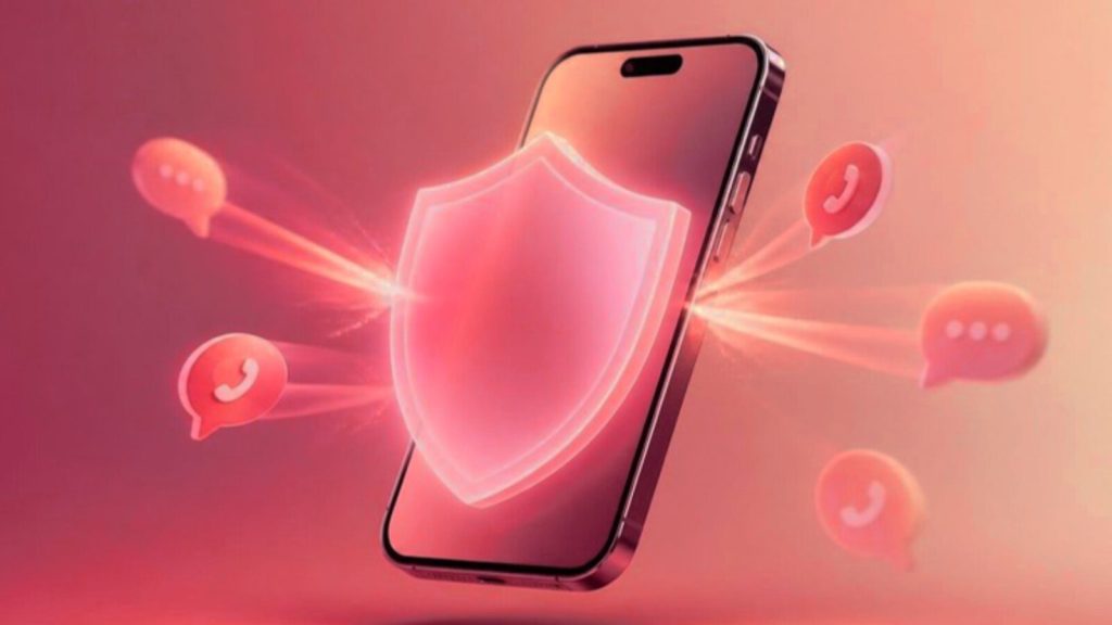 Crimson-toned illustration of a smartphone guarded by a glowing red shield, with incoming call and chat bubbles bouncing off it