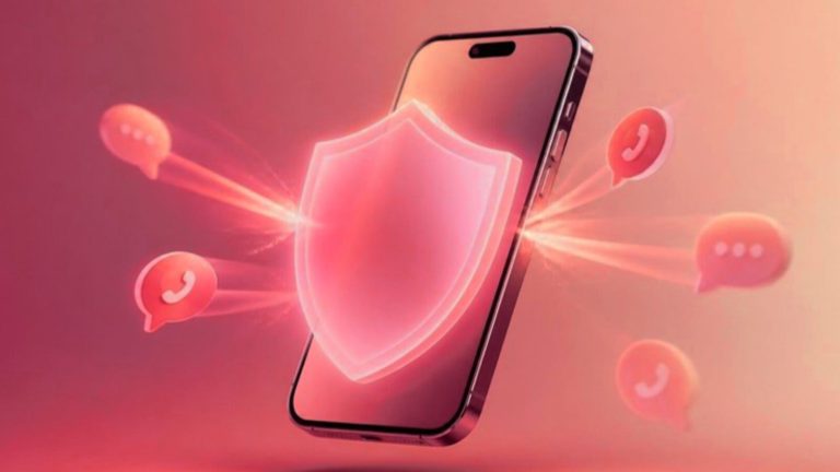 Crimson-toned illustration of a smartphone guarded by a glowing red shield, with incoming call and chat bubbles bouncing off it