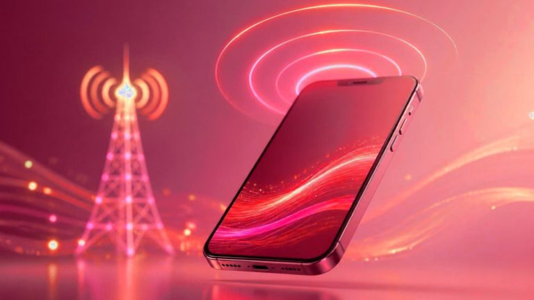 Smartphone and cell tower in crimson red tones, with glowing 5G signal waves between them