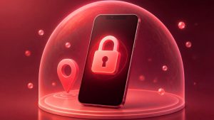 Crimson and red illustration of a smartphone guarded by a shield with a padlock at its centre