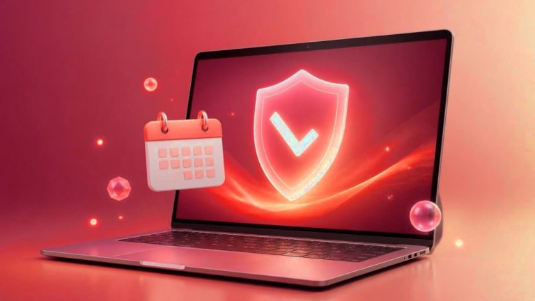 Laptop screen with a security shield and a calendar in crimson and red tones, representing Windows 10 security updates